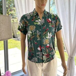 ID Brooklyn Men’s Green Floral Hawaiian Short Sleeve Dress Shirt Size M Medium